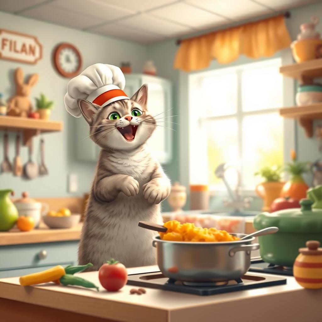 A whimsical scene featuring a cat wearing a chef's hat, joyfully cooking in a delightful kitchen