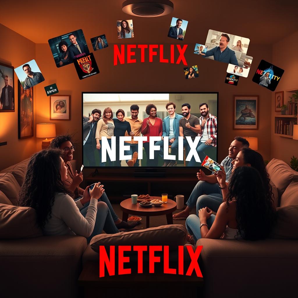 A vibrant, eye-catching Netflix advertisement showcasing a diverse group of friends gathered around a cozy living room, all excitedly watching a popular show on a large screen