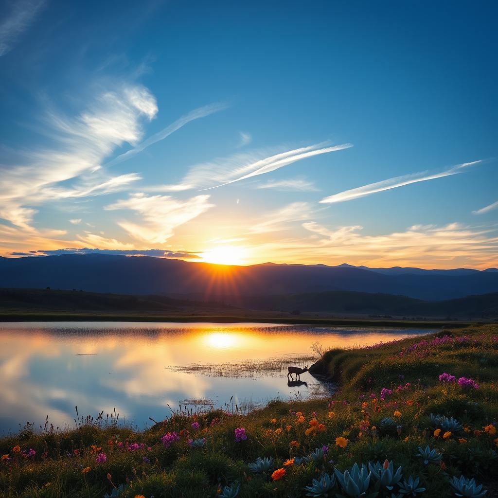 A majestic view of the first light of dawn illuminating rolling hills, with a clear blue sky above and wisps of clouds floating gently