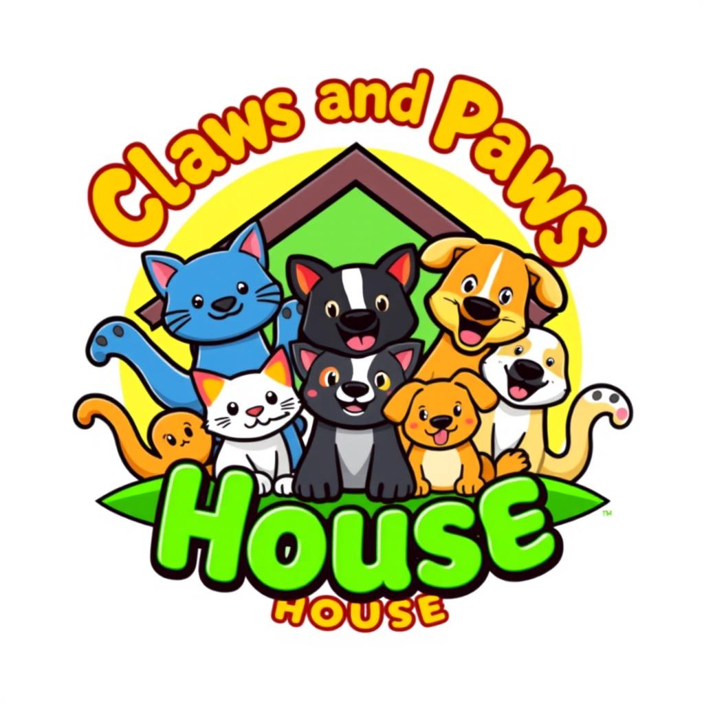 A playful and colorful logo design for a YouTube channel named 'Claws and Paws House'