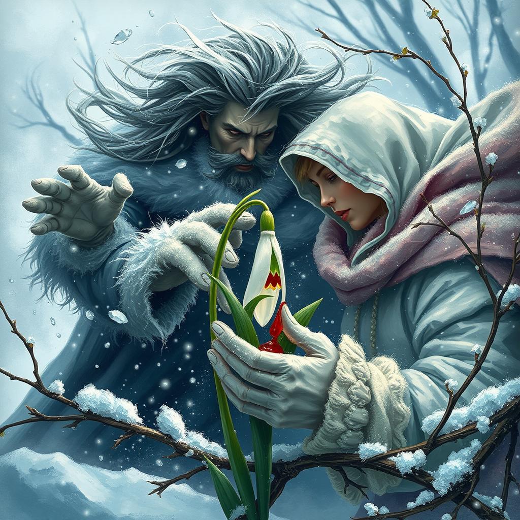 In a dramatic winter scene, the fierce figure of Winter appears, surrounded by howling winds and swirling snowflakes, as she summons the frost and chill to destroy a delicate snowdrop flower (ghiocel)