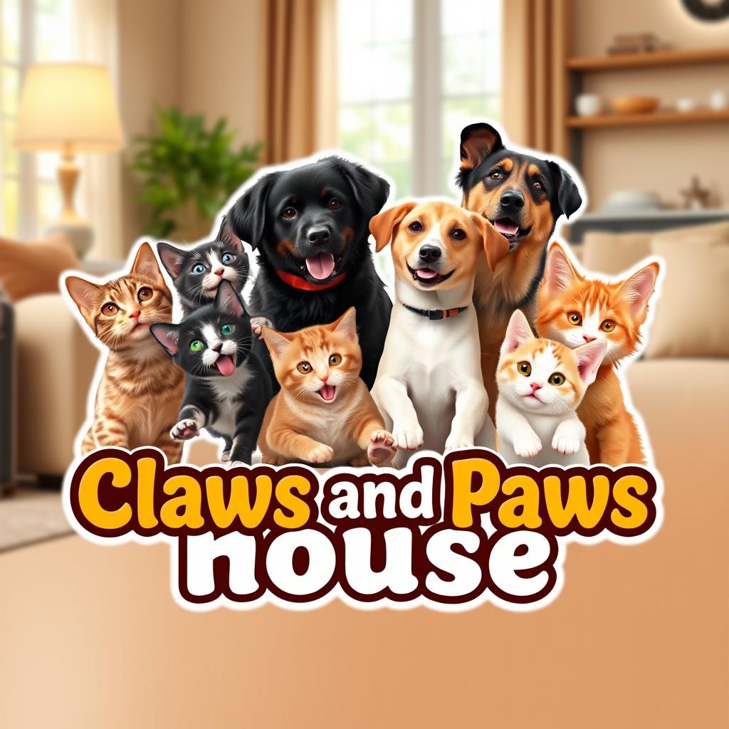 A realistic and vibrant logo for a YouTube channel called 'Claws and Paws House', featuring multiple cats and dogs playfully interacting