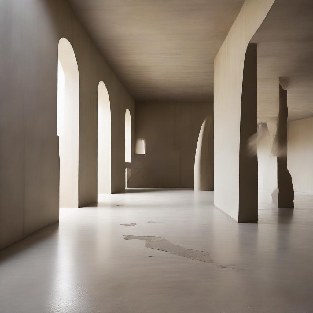 A vast, captivating concrete gallery styled with avant-garde elements, with minuscule silhouettes immersed in the artwork. Caught in this indoor scene are wisps of sand blowing across the floor, adding an unexpected, dynamic contrast. Architectural photography accentuates the space.