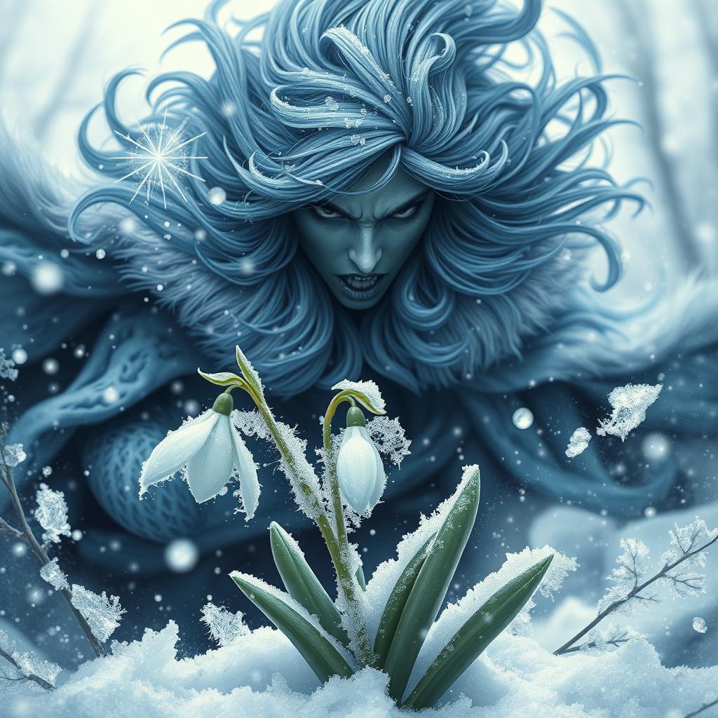 In a powerful winter scene, the fierce embodiment of Winter, portrayed as a striking figure with icy blue hues and a swirling cloak of snowflakes, is filled with rage as she witnesses the delicate snowdrop flower (ghiocel) blooming against the cold