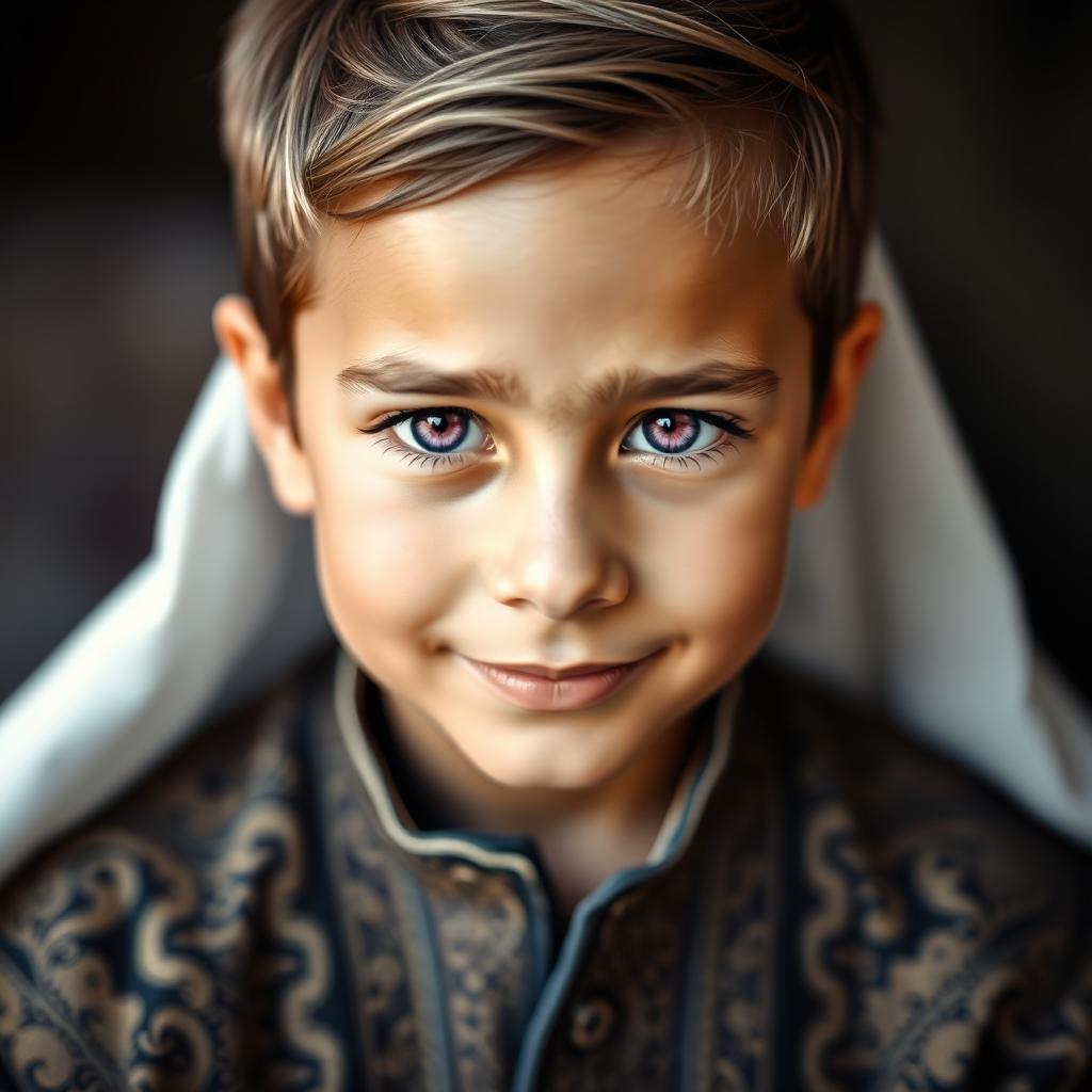 A stunning portrait of a Persian boy with captivating purple eyes, showcasing his striking features and charismatic expression