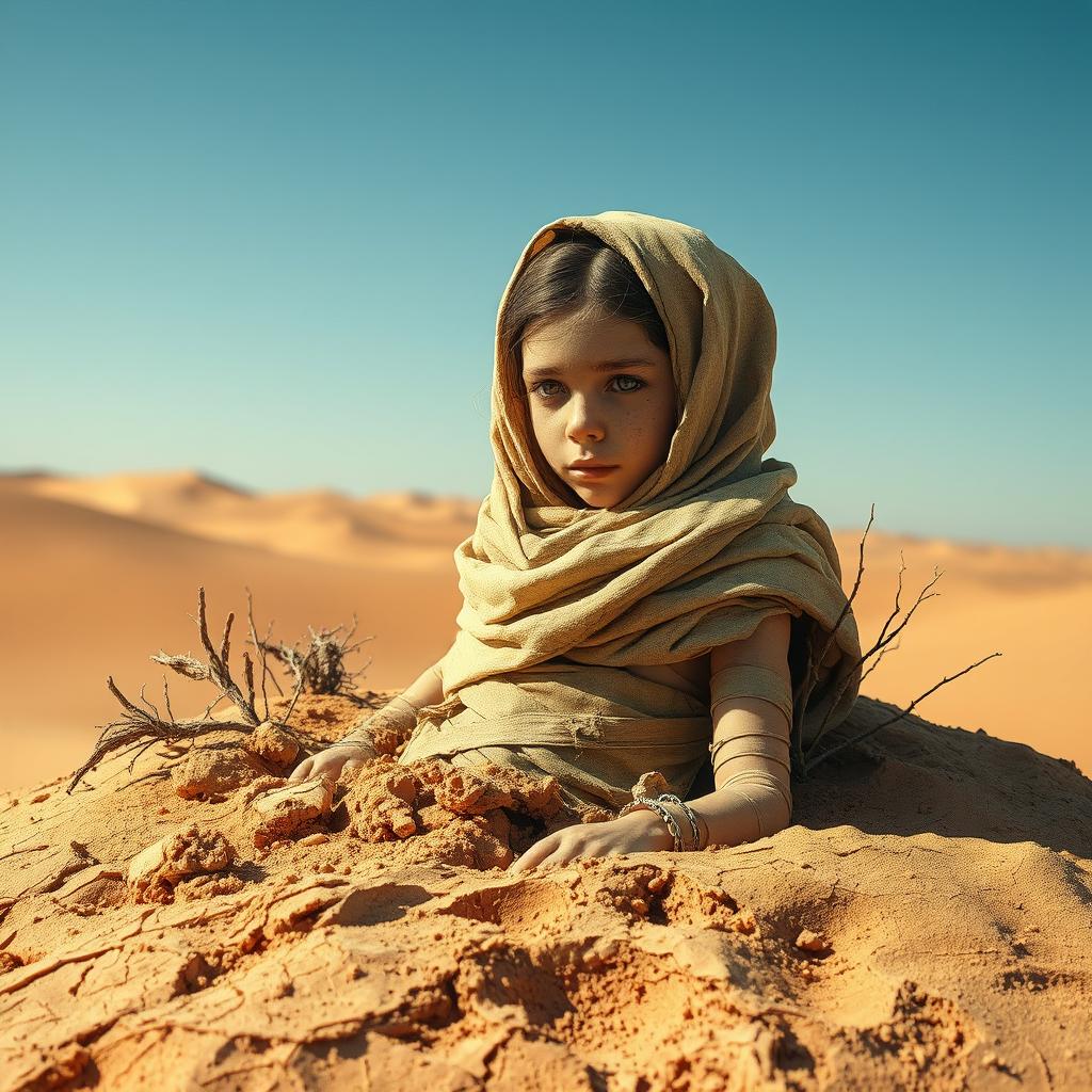 A haunting scene depicting a young girl who has gone missing in the desert, now a mummy partially buried in the golden sands