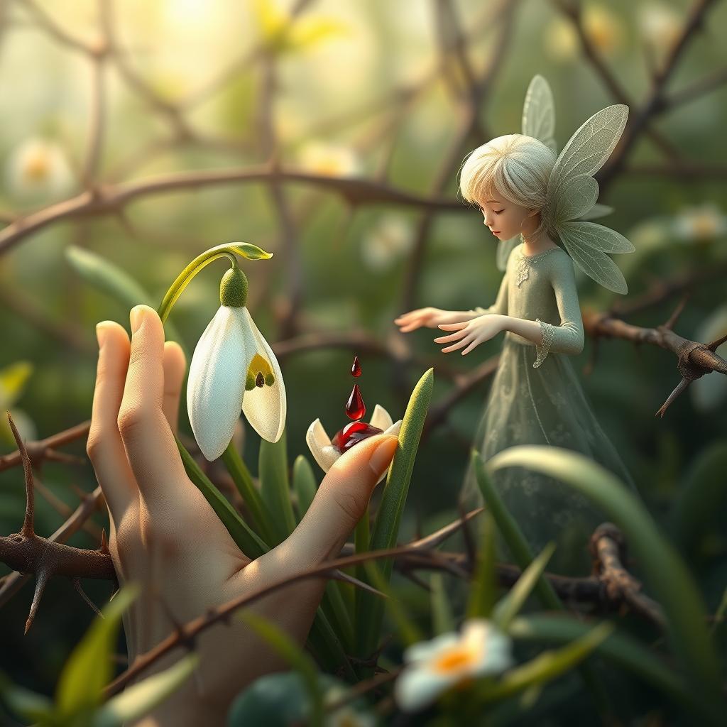 A whimsical spring scene depicting a snowdrop flower surrounded by sharp thorns in a bush
