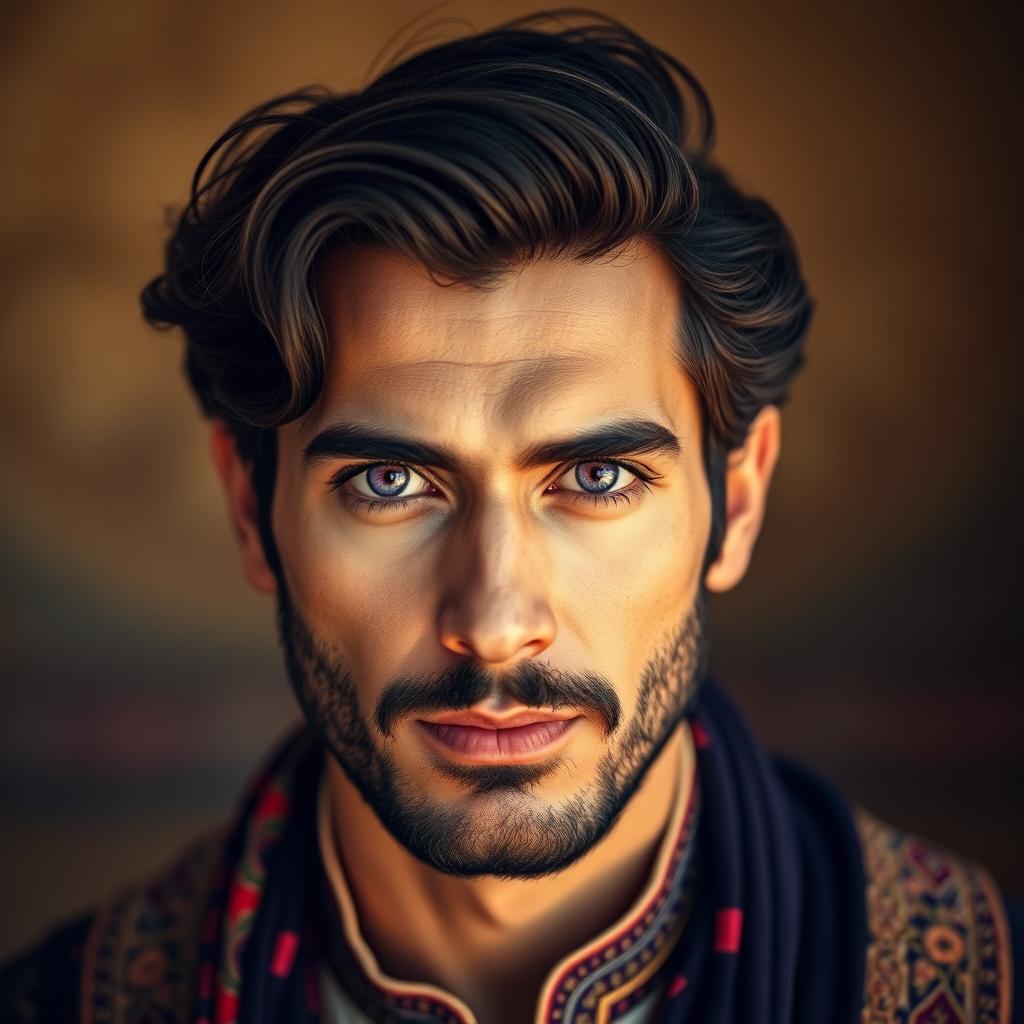 A portrait of a Persian man with striking purple eyes, showcasing his unique and captivating gaze