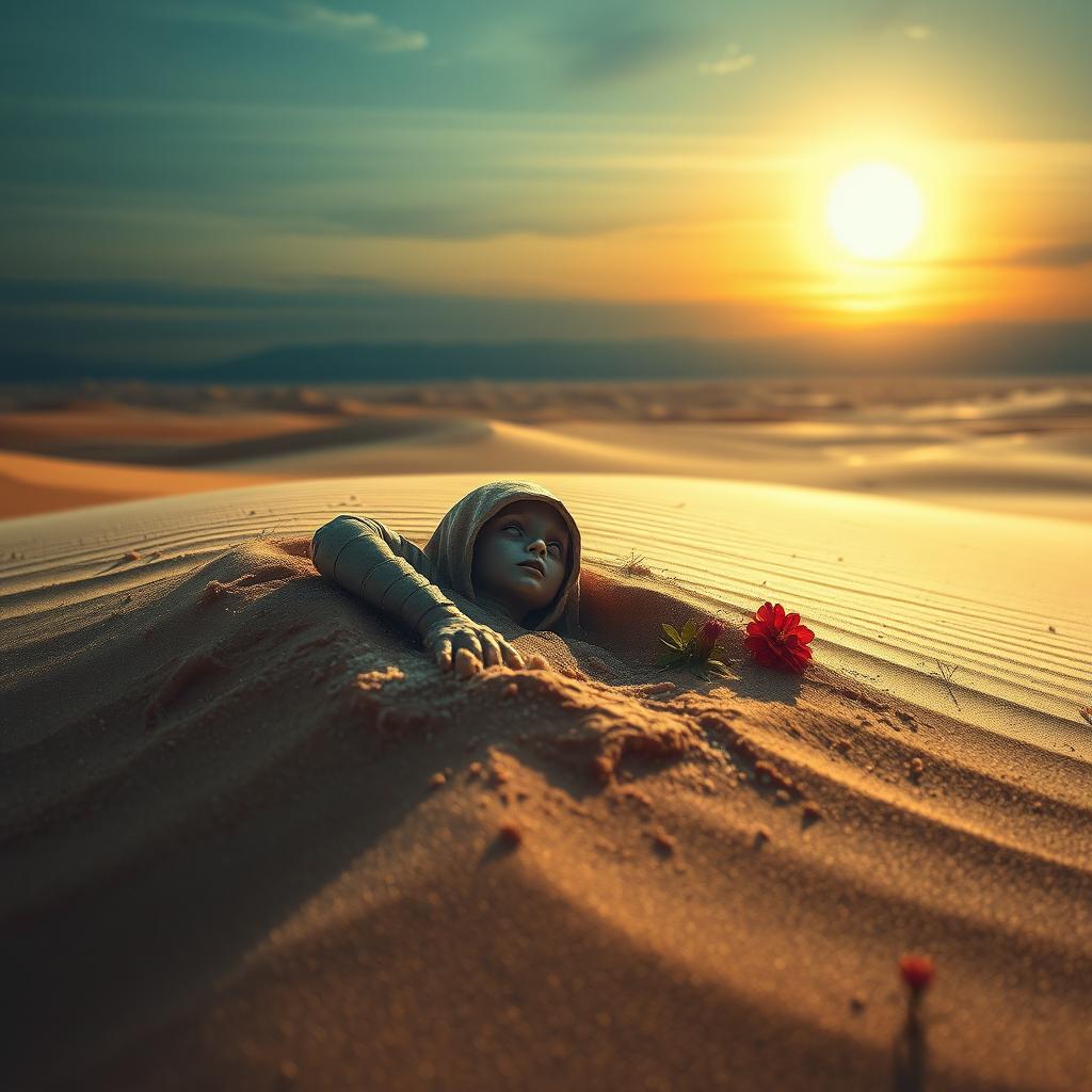 A hauntingly beautiful scene depicting a small, semi-buried mummy in the desert sand, the desolation surrounding her
