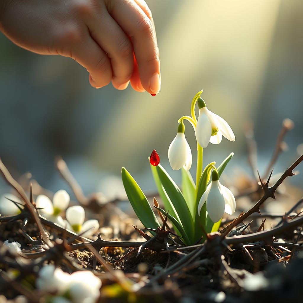 In a dreamy spring landscape, a snowdrop flower emerges from the remnants of winter, surrounded by sharp thorns in its bushy habitat