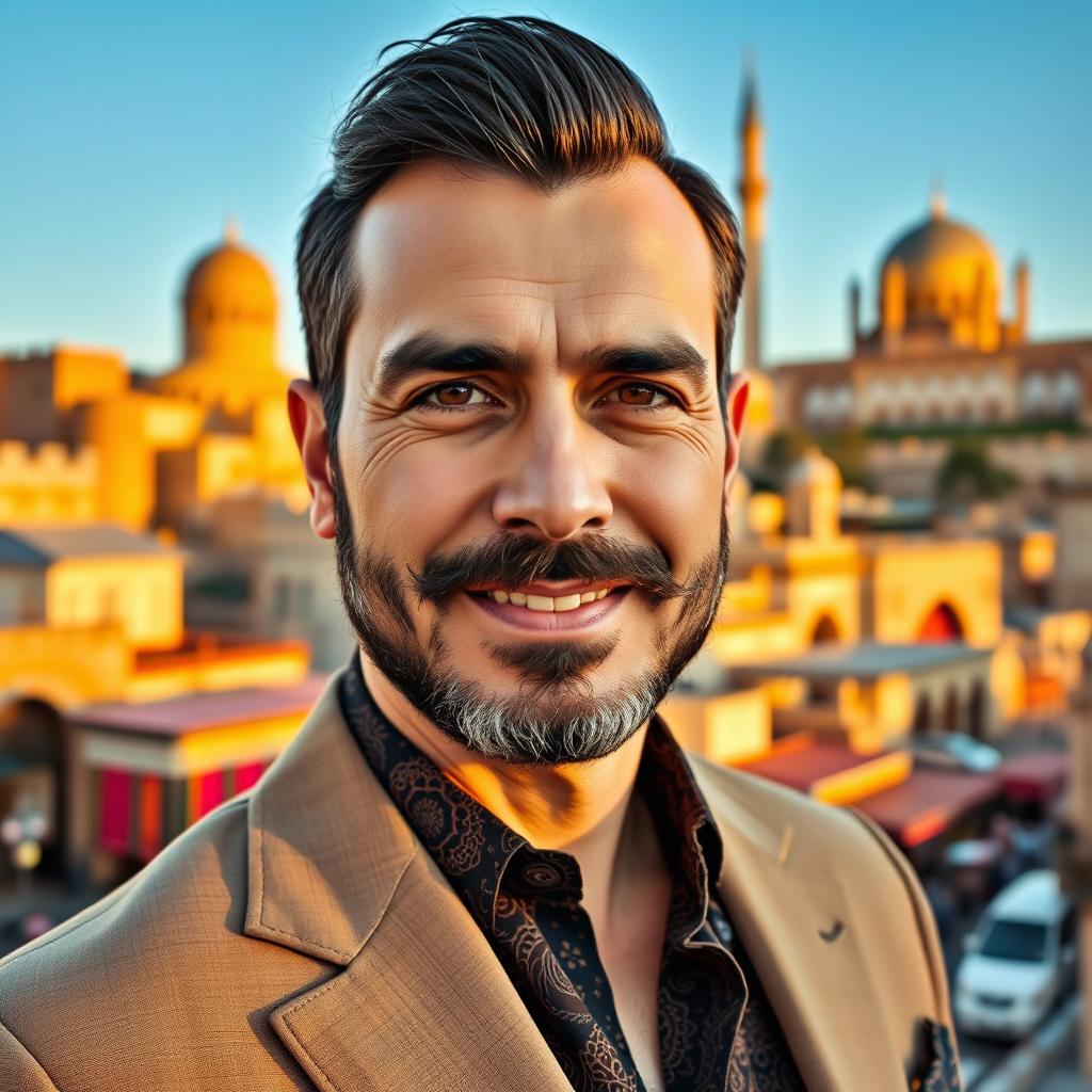 A 40-year-old Persian man with a well-groomed beard and deep-set, expressive brown eyes