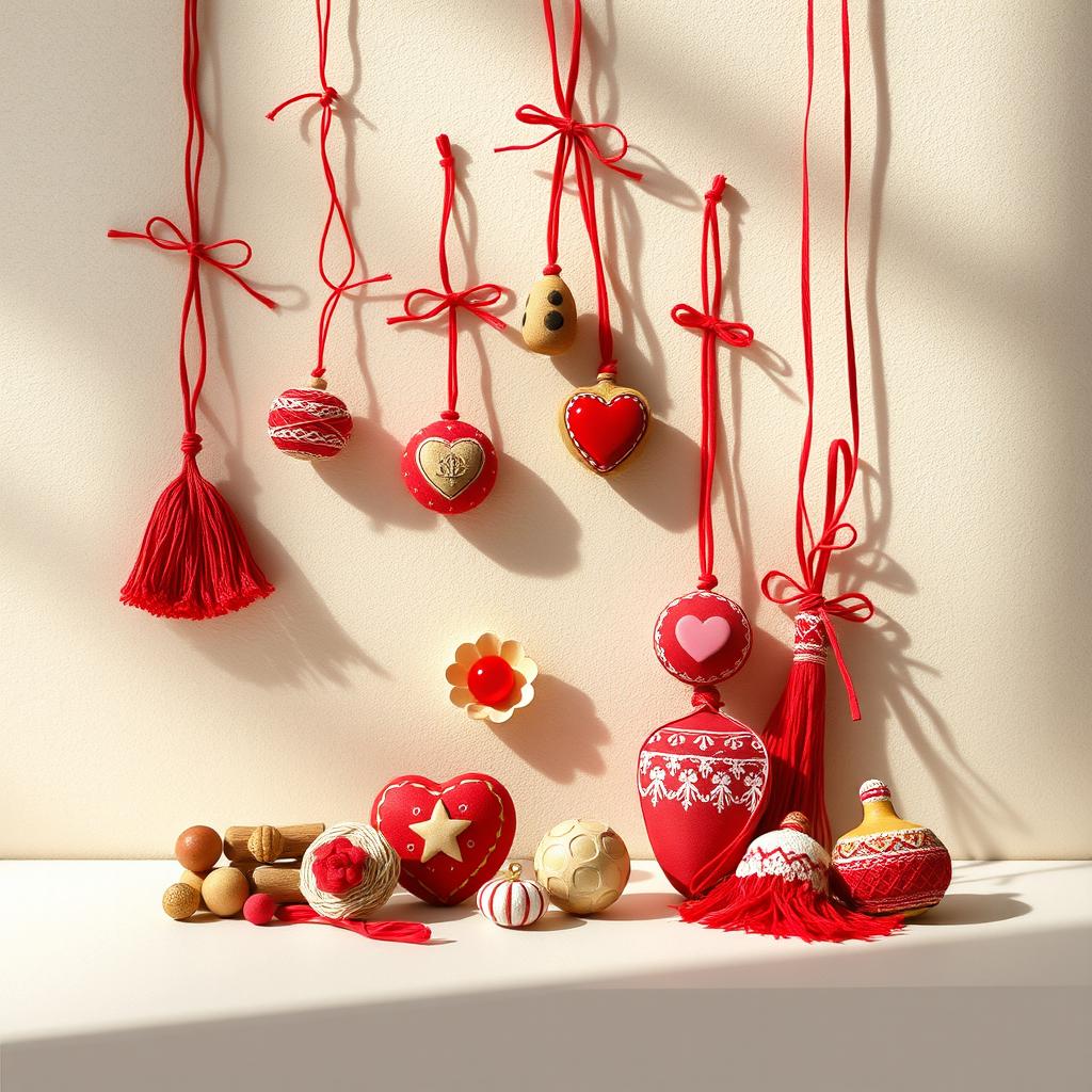 A captivating still life featuring traditional mărțișoare, the Romanian spring talismans, artistically arranged against a soft, textured background