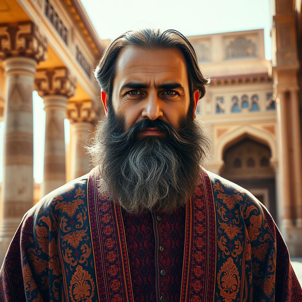 A 40-year-old Persian man with a thick, well-groomed beard and deep, wise eyes, wearing a traditional Persian outfit with intricate patterns in rich colors