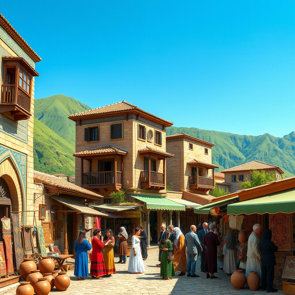 A historical scene depicting Old Mazandaran, featuring traditional Persian architecture with intricate tile work and wooden balconies