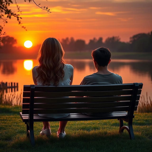 A captivating book cover for a romance novel featuring a picturesque sunset background with warm hues illuminating a small lake