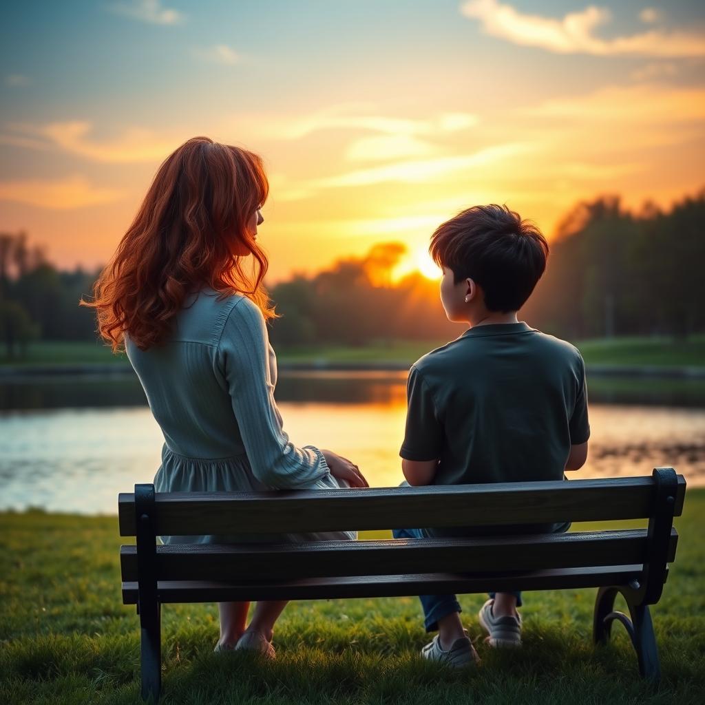 A captivating book cover for a romance novel featuring a picturesque sunset background with warm hues illuminating a small lake