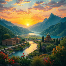 A breathtaking landscape of ancient Mazandaran, showcasing its lush green valleys, towering mountains, and serene lakes