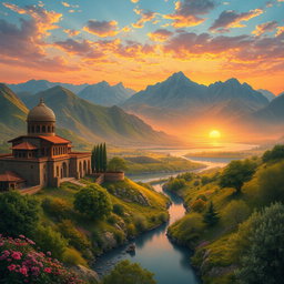 A breathtaking landscape of ancient Mazandaran, showcasing its lush green valleys, towering mountains, and serene lakes