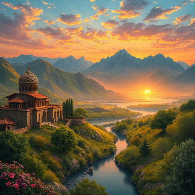 A breathtaking landscape of ancient Mazandaran, showcasing its lush green valleys, towering mountains, and serene lakes