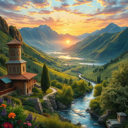 A breathtaking landscape of ancient Mazandaran, showcasing its lush green valleys, towering mountains, and serene lakes