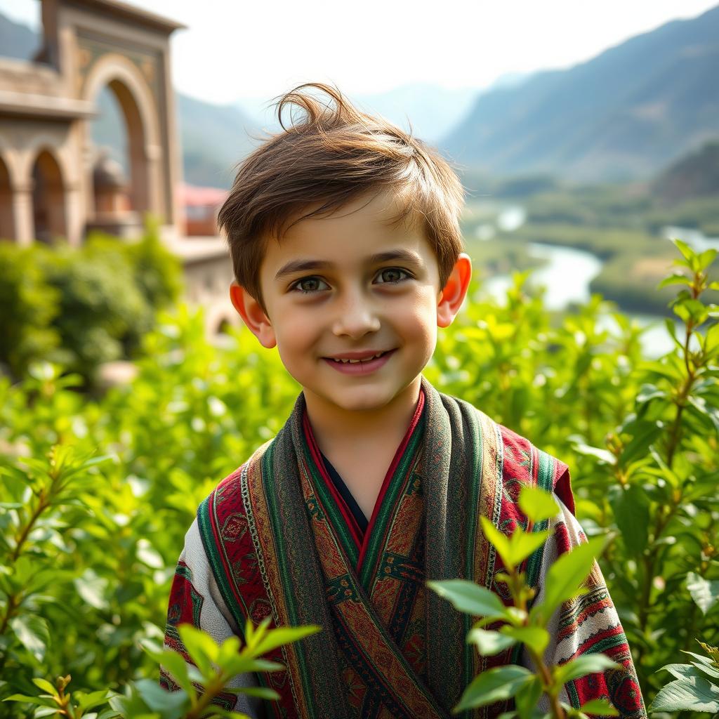 A portrait of an ancient Mazandarani boy dressed in traditional clothing, showcasing intricate patterns and vibrant colors, standing amidst lush greenery typical of Mazandaran province