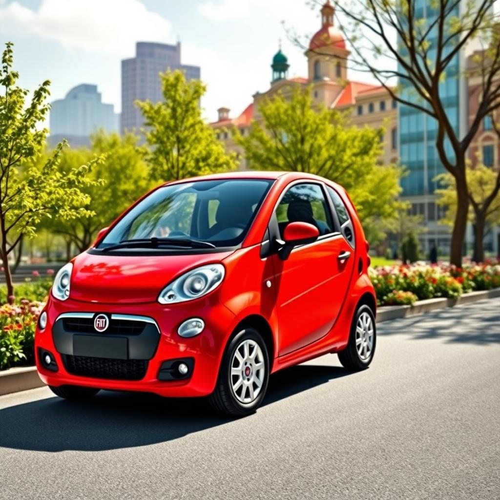 A Fiat Mobi parked on a scenic street in an urban environment, showcasing its compact and modern design