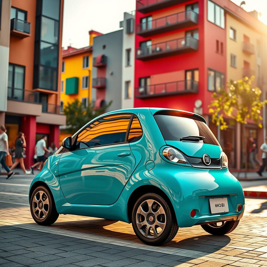 A striking image of a Fiat Mobi in a modern urban setting, showcasing its sleek design and compact size