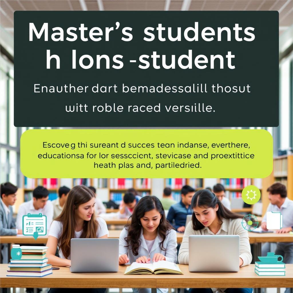 An informative and engaging poster designed for Master's students in healthcare services, focusing on enhancing their final research skills and scientific search abilities