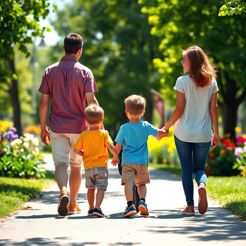 A heartwarming scene depicting a family with two boys standing from behind, walking through a sunny park
