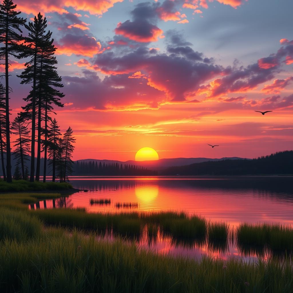 A tranquil and serene landscape depicting a beautiful sunset over a calm lake