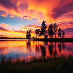 A tranquil and serene landscape depicting a beautiful sunset over a calm lake