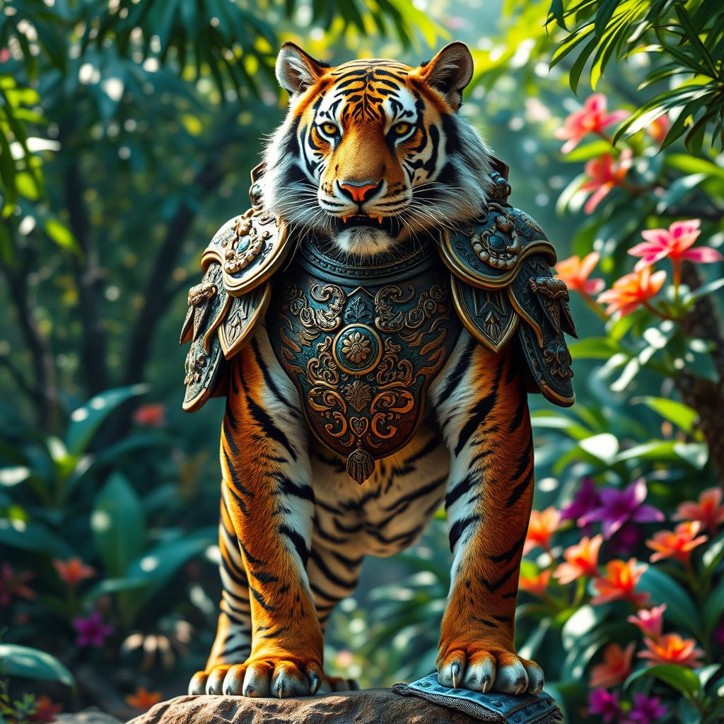 A majestic tiger wearing intricately designed armor, showcasing a blend of natural beauty and fierce protection