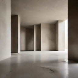 A vast, captivating concrete gallery styled with avant-garde elements, with minuscule silhouettes immersed in the artwork. Caught in this indoor scene are wisps of sand blowing across the floor, adding an unexpected, dynamic contrast. Architectural photography accentuates the space.