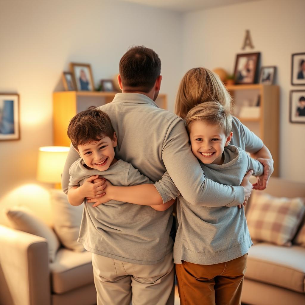 A warm and loving family scene featuring a father and mother embracing their two young boys from behind, showcasing a moment of affection and unity