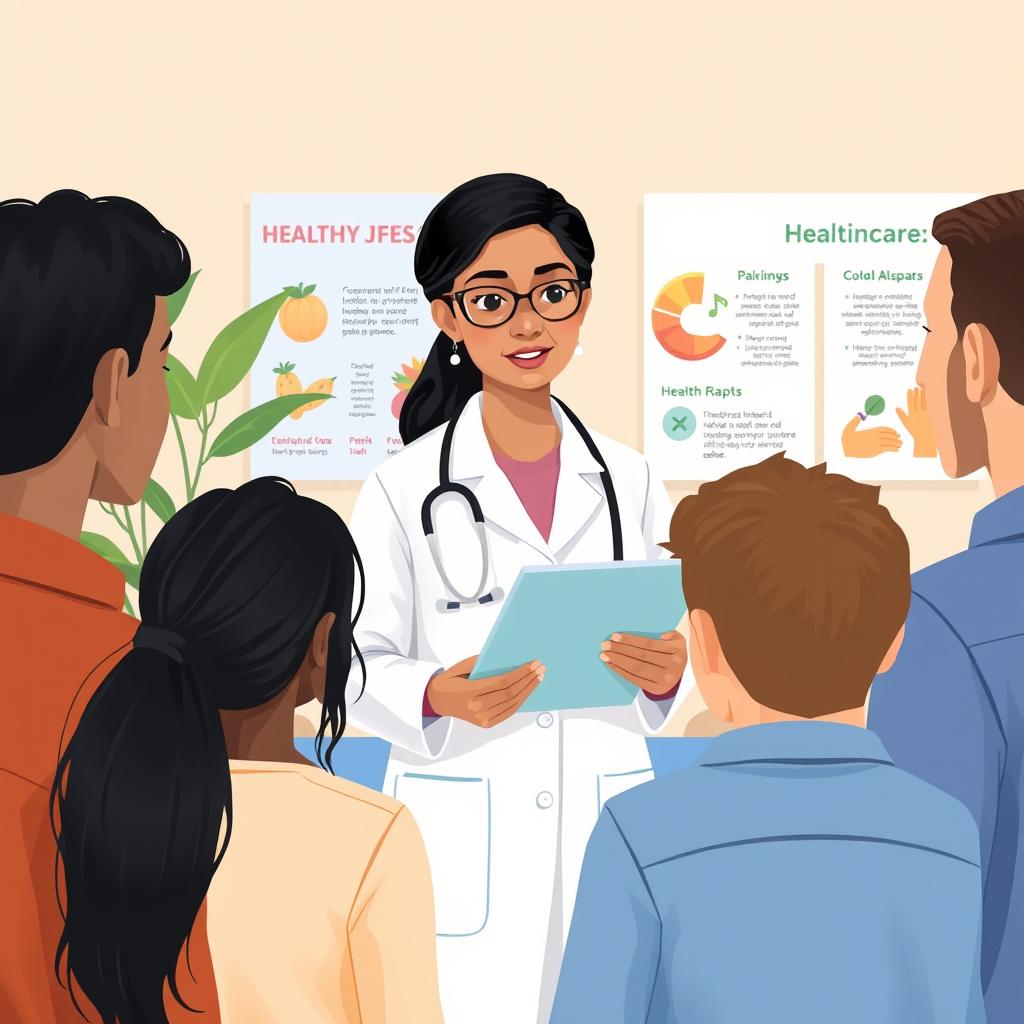An informative medical illustration showcasing a healthcare professional explaining medical information to patients in a warm and inviting clinic setting