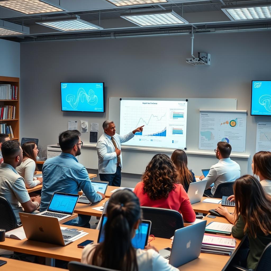 A dynamic and engaging classroom of a medical information course tailored for Master of Science (MS) students, showing diverse students actively participating in a lecture with medical diagrams and digital screens displaying data visuals on the walls