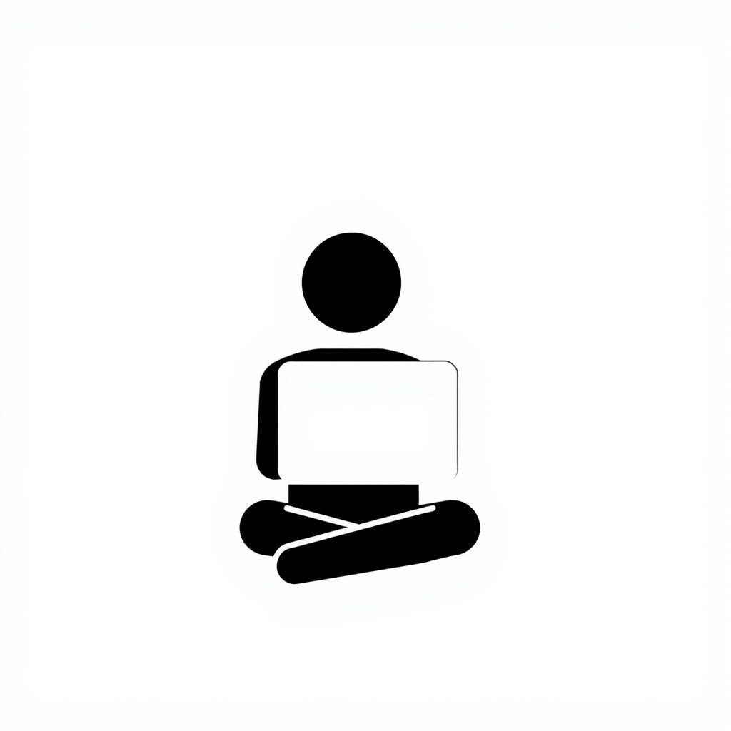 A simple and minimalist icon representing a person using a laptop, designed in solid black on a white background