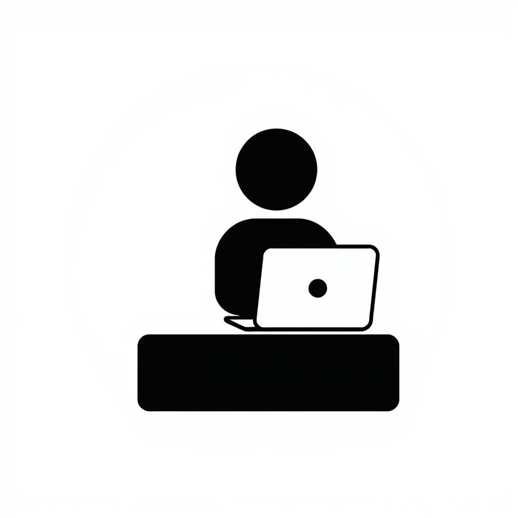 A simple and minimalist icon that depicts a person using a laptop, rendered in solid black on a white background