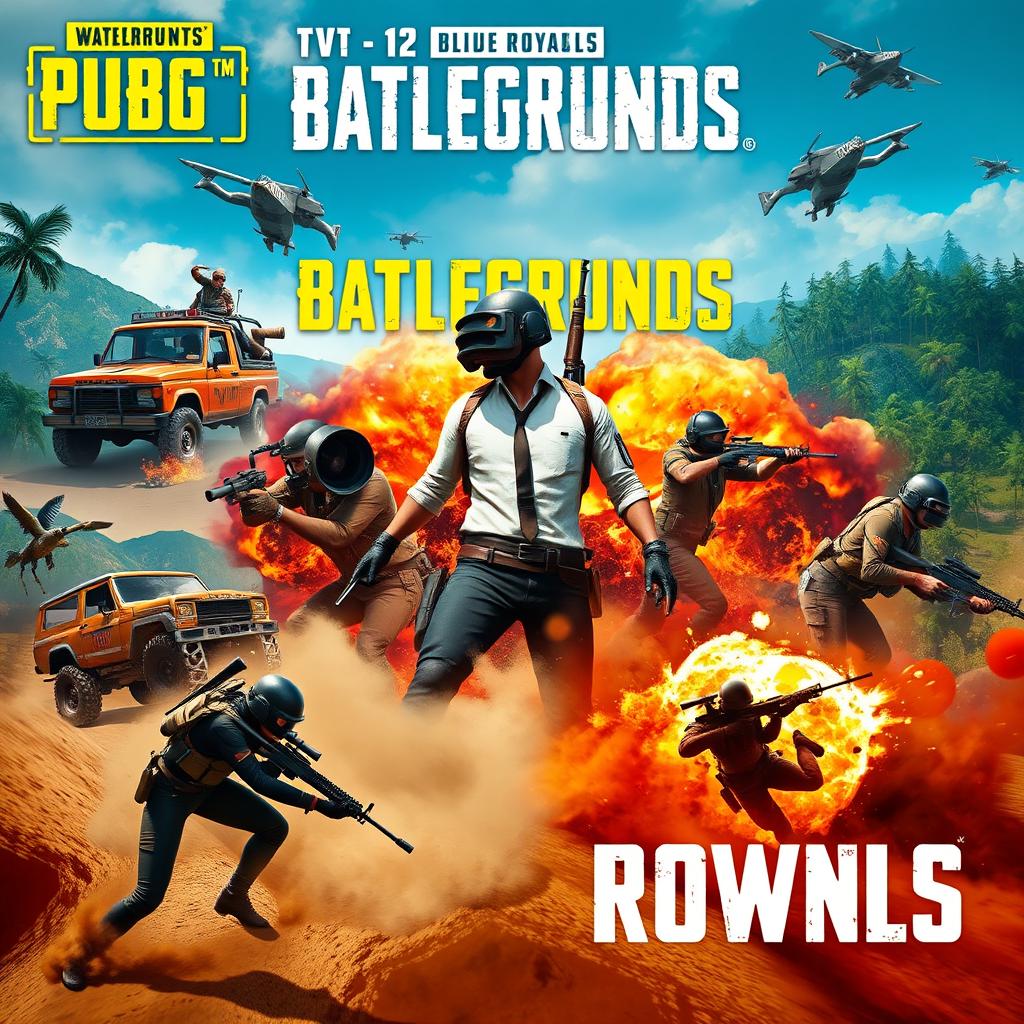 A vibrant and dynamic advertisement for the popular battle royale game PUBG, featuring intense gameplay scenes with players in tactical gear, engaging in action-packed combat on diverse terrains such as a deserted island, dense forests, and urban environments