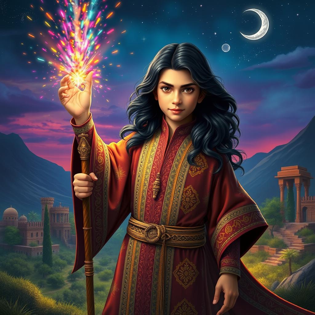 A young Persian wizard, adorned in a beautifully embroidered robe with intricate patterns reminiscent of Persian art