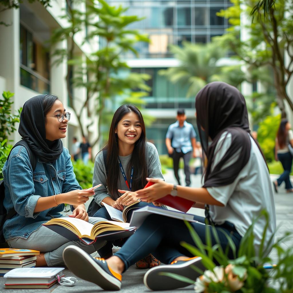 A 22-year-old Malay student, sitting on a university campus with books spread around, wearing casual yet stylish clothing, smiling as they engage with friends in a lively discussion