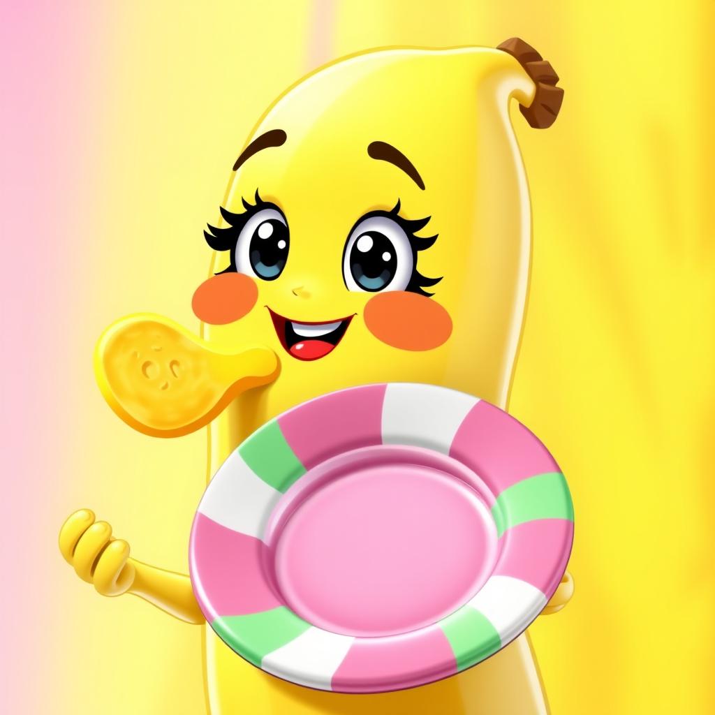 A cute, animated banana character with a happy expression, holding a colorful plate in her right hand