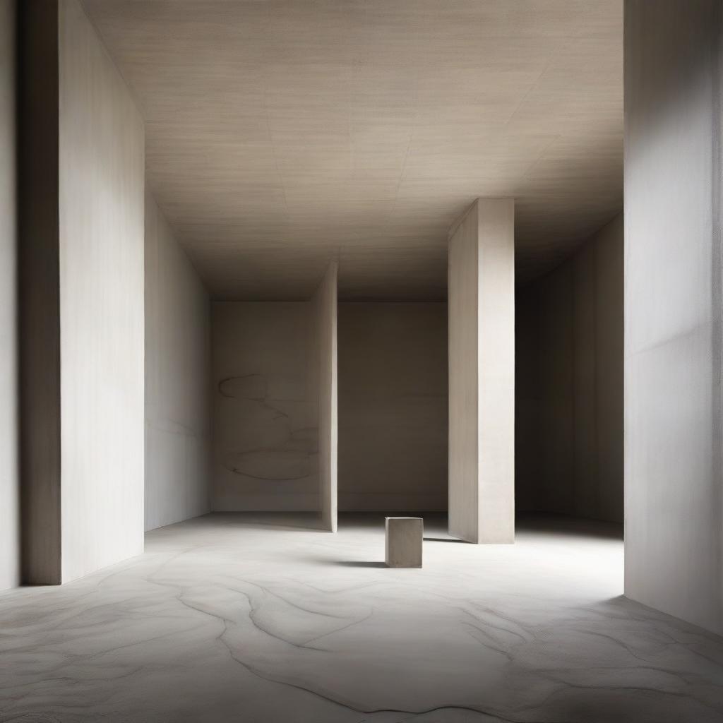 A vast, captivating concrete gallery styled with avant-garde elements, with minuscule silhouettes immersed in the artwork. Caught in this indoor scene are wisps of sand blowing across the floor, adding an unexpected, dynamic contrast. Architectural photography accentuates the space.