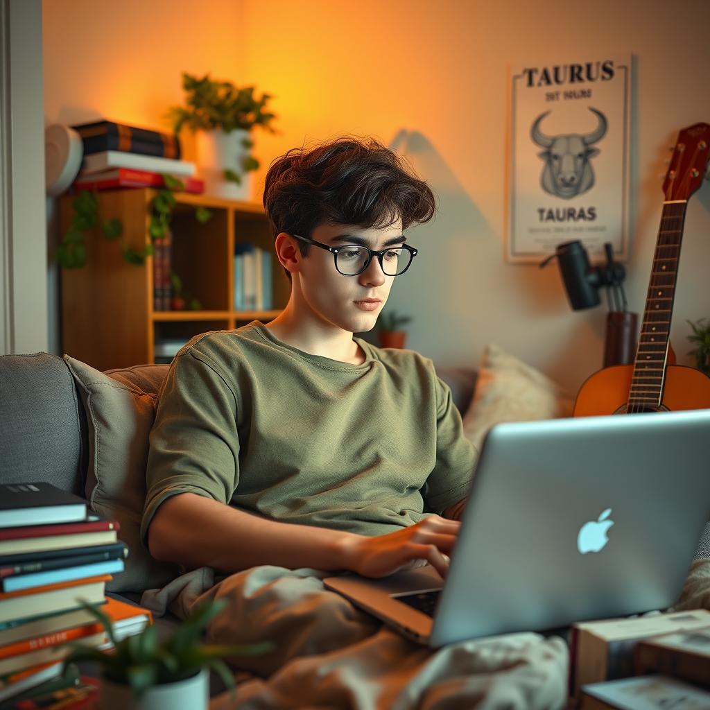 A 22-year-old Taurus student, depicted as a young adult relaxing in their room at home