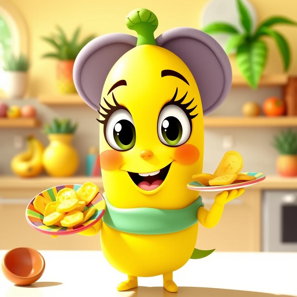 A cute cartoon banana character with big expressive eyes and a cheerful smile, holding a colorful plate in her right hand while munching on banana chips with her left hand