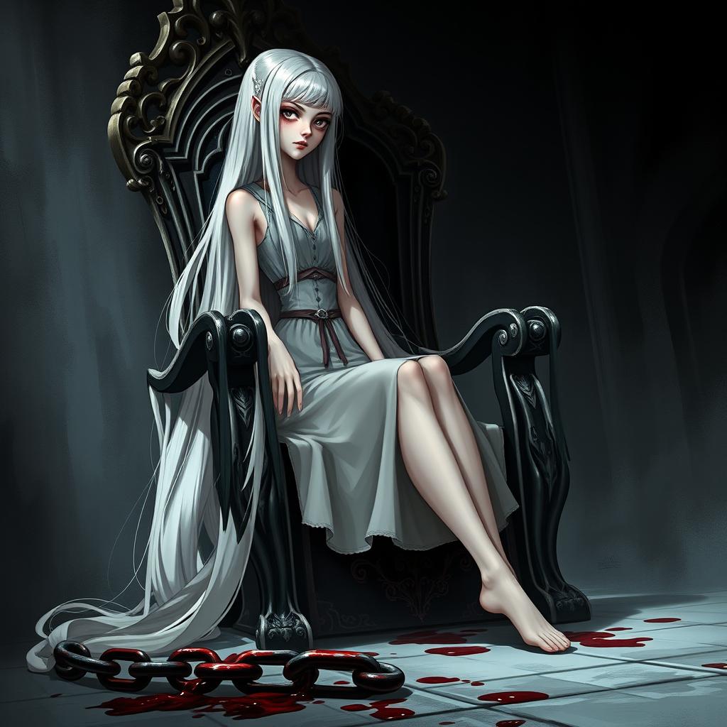 A tall, slender girl with long white hair, seated arrogantly on an ornate throne