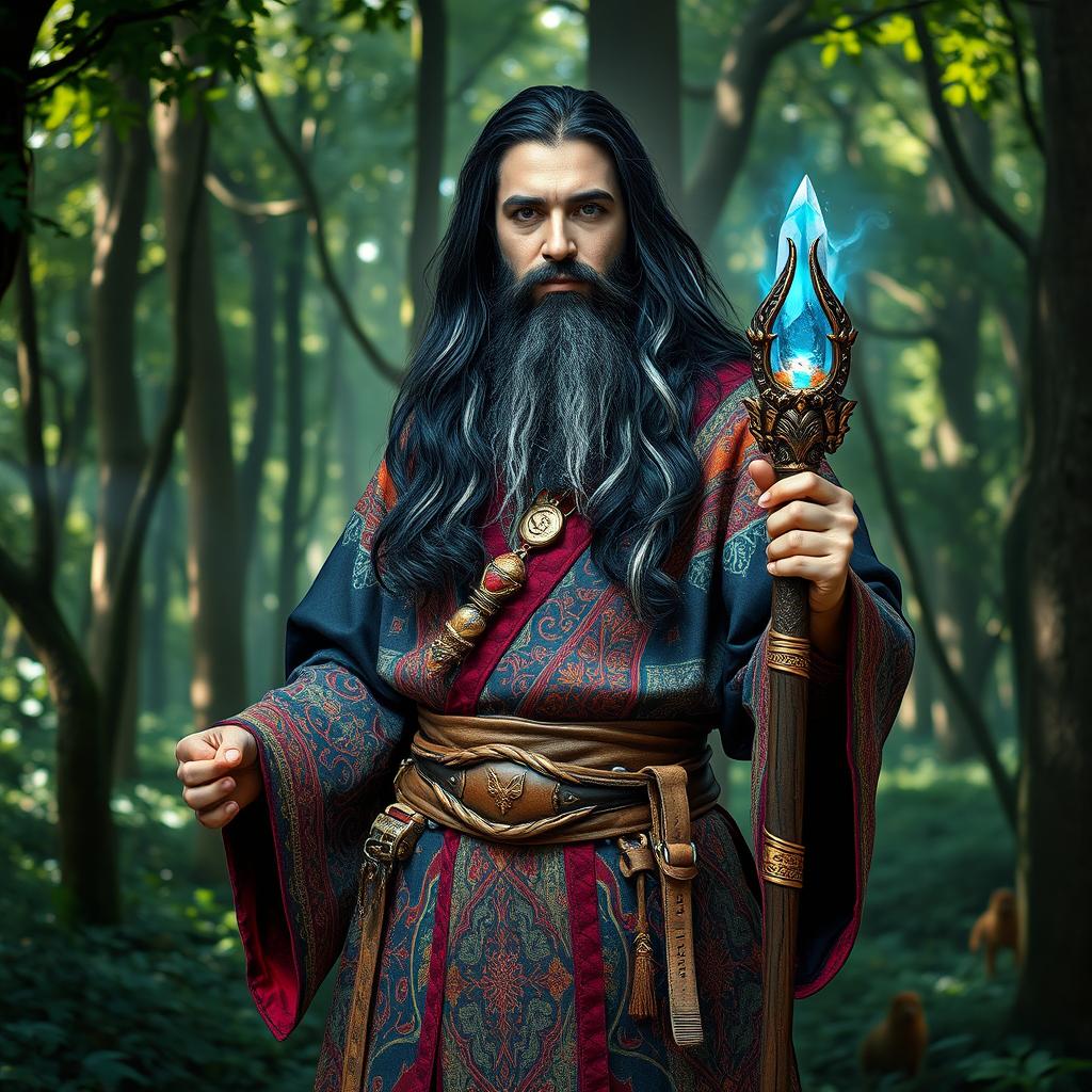 A 30-year-old Mazandarani wizard standing confidently in a mystical forest