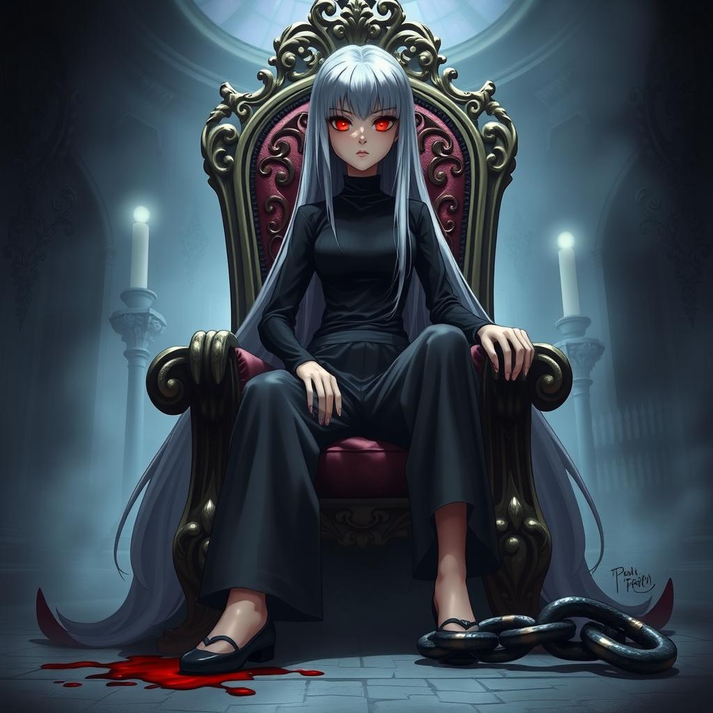 A tall, slender girl with long white hair, seated arrogantly on an ornate throne