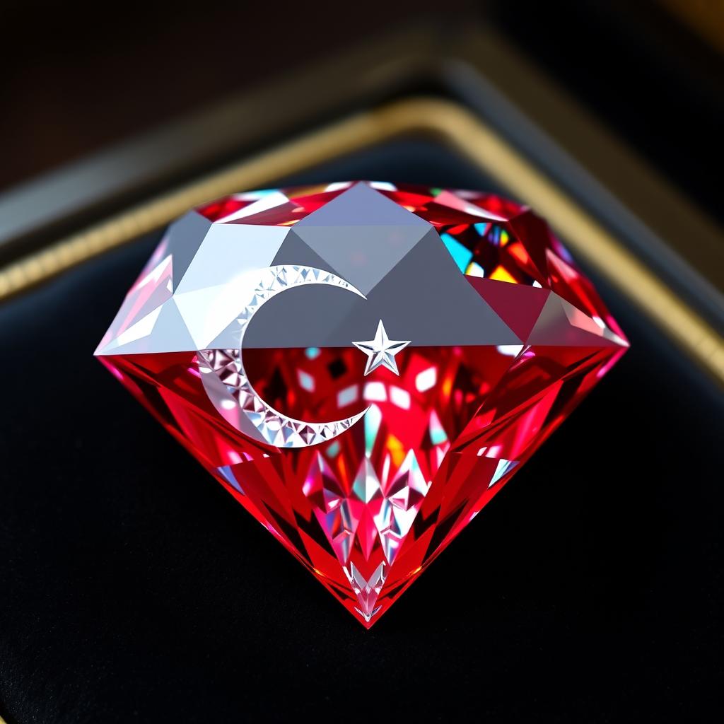 A stunning diamond shaped like a Turkish flag, intricately designed with the red background and white crescent moon and star of the flag