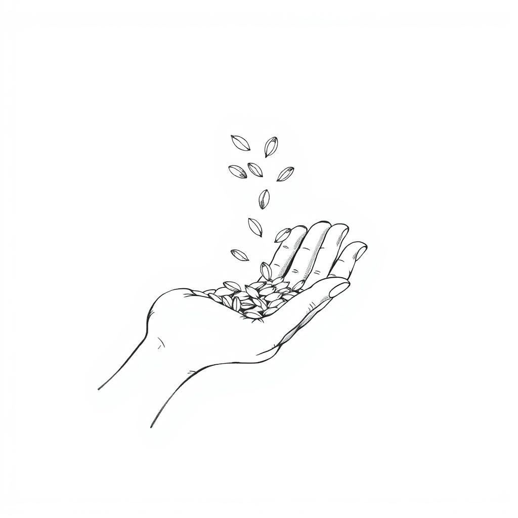 A hand elegantly pouring seeds from an open palm, depicted as a detailed line sketch